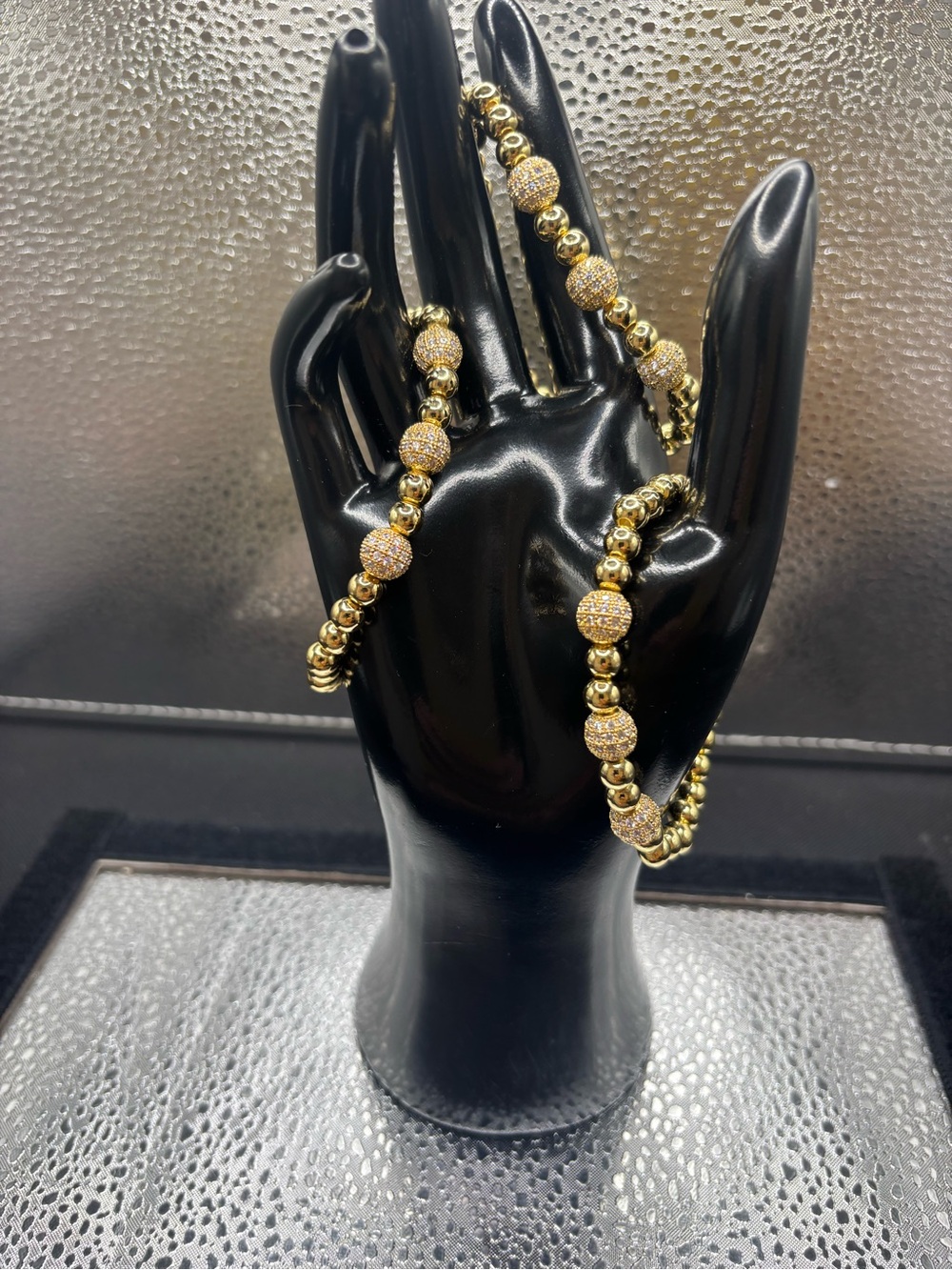 Gold Beaded Pave Ball Stretch Bracelet - Women Set Of Three.